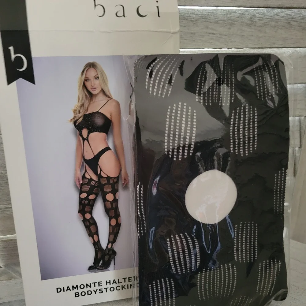 Baci Lingerie Diamonte Halter Top Bodystocking - One Size Fits Sizes‎ 2-14